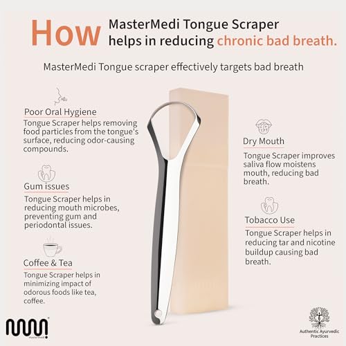 MasterMedi Tongue Scraper for Adults, 100% Stainless Steel Tongue Scrubber for Bad Breath, Easy to Use, Tongue Cleaner for...