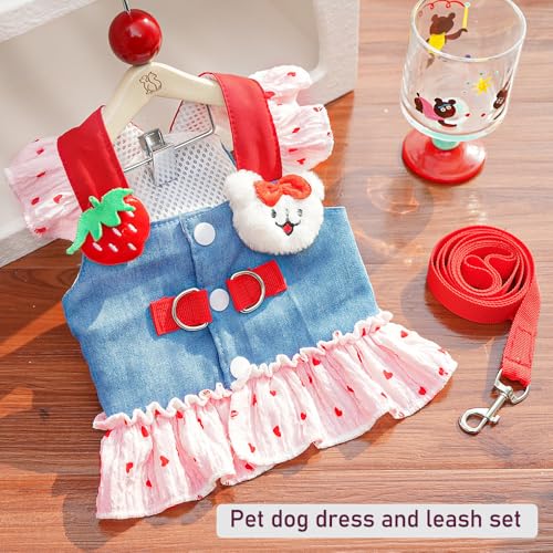 ANIAC Denim Dog Dress Harness with Leash Set Cute Small Dogs Clothes Girl Heart Patterns Puppy Dresses Breathable Mesh Cat...