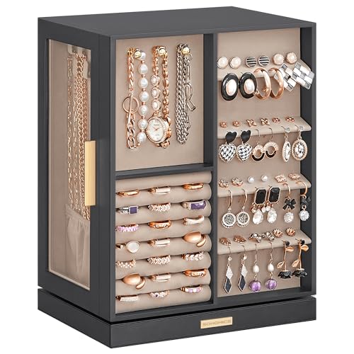 SONGMICS Jewelry Box 360° Rotating, Jewelry Storage Case with 5 Drawers, Jewelry Organizer, Glass Window, Spacious, Vertic...