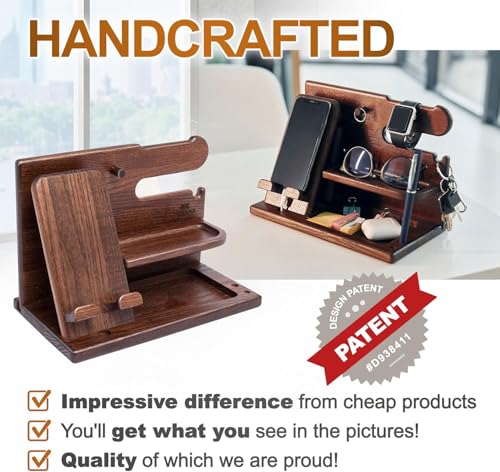 TESLYAR Wood Phone Docking Station for Men - Desk or Nightstand Organizer - Birthday Gifts for Husband, Dad - Anniversary ...