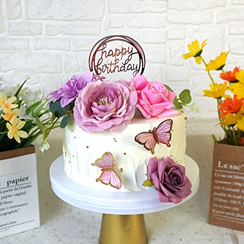 20 PCS Flower Cake Toppers Butterfly Cake Decorations Happy Birthday Cake Toppers with Pink Purple Flowers Eucalyptus Butt...