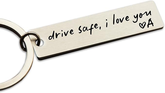 HubbgDesign Key Chain Drive Safe I Love You Engraved Initial Personalized Gift for Husband Boyfriend