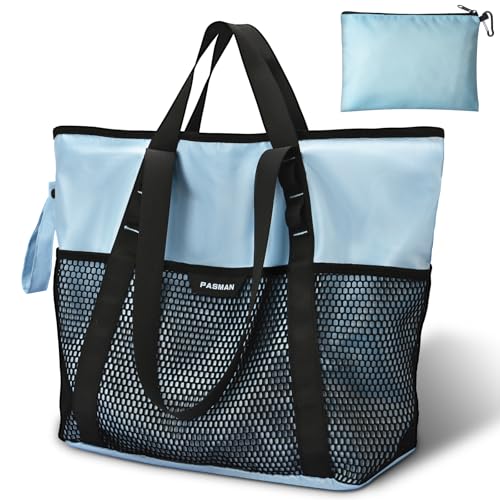 PASMAN Large Beach Bag with Zipper-8 Pockets Sandproof Beach Tote Bag for Women,Foldable Lightweight Family Swim Bag Vacation