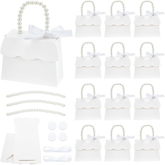 BENECREAT 16 Sets White Wedding Favors Box DIY Set, Kraft Paper Box with Pearl Handle, Ribbons, Stickers, Gift Boxes for B...