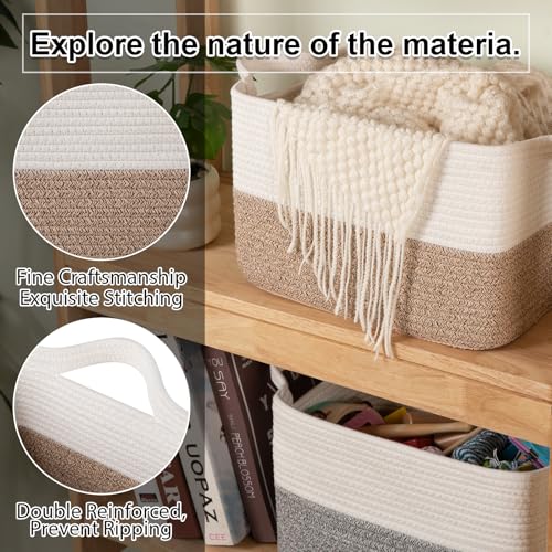 OIAHOMY Woven Storage Basket for Shelves, Rectangle Cotton Rope Baskets for Organizing, 13 x 10 x 9 in, Storage Bins for D...