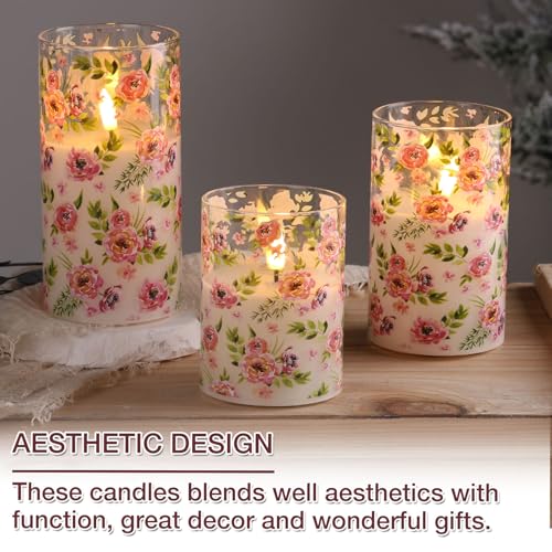 Eywamage Red Rose Floral Flameless Candles with Remote, Flickering Glass LED Pillar Candles Spring Home Decor Set of 3