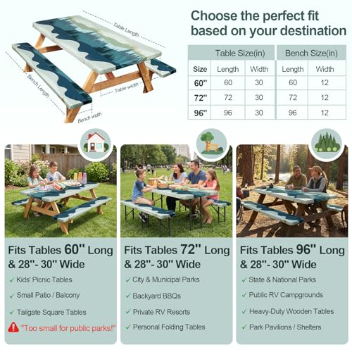 Picnic Table Cover with Bench Covers Camping Essentials Waterproof Windproof Camping Tablecloth with Drawstring Bag, Fitte...