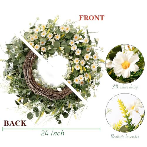 Sggvecsy White Daisy Wreath 24 Inch with Fake Silk Floral Green Eucalyptus Leaves and Lavender for Spring Summer Front Doo...