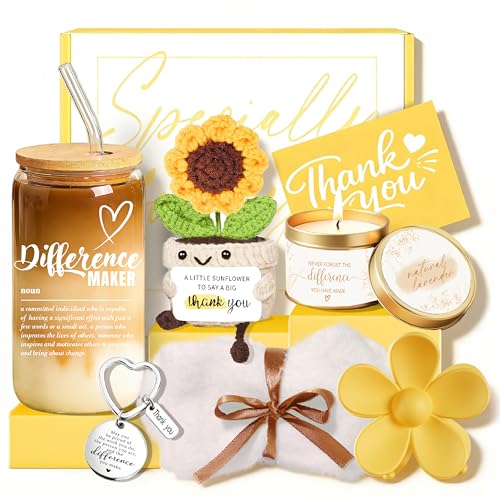 Thank You Gifts for Women Appreciation Gift Basket Sunflower Scented Candle Glass Cup Crochet Decor Unique Set for Coworke...