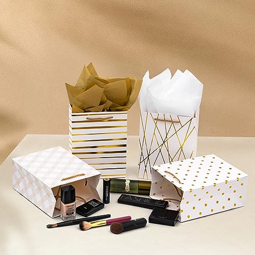 Nihuecne 9" Gift Bags Medium Size with Tissue Paper, 4 Pack White Gold Wrap Paper Gift Bags with Handles for Shopping Part...