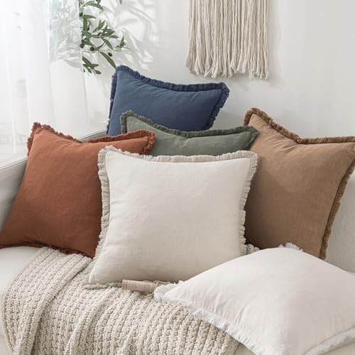 MIULEE Decorative Throw Pillow Covers Neutral Linen Fringe Throw Pillows Set of 2 Natural Beige Boho Farmhouse Cushion Cov...