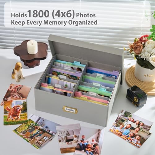 Photo Storage Box with Lid – Premium Faux Leather Organizer with Plastic Dividers, Holds Up to 1800 4x6 Photos, Memory Kee...