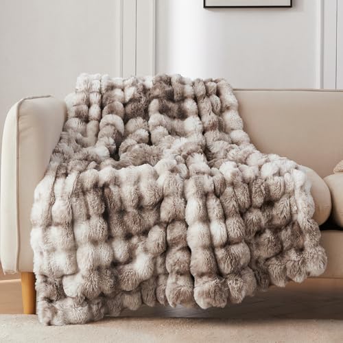 COOVA Faux Fur Throw Blanket for Couch, Cozy Soft and Fuzzy Plush Rabbit Fur Bubble Blanket for Sofa Bedroom Living Room, ...