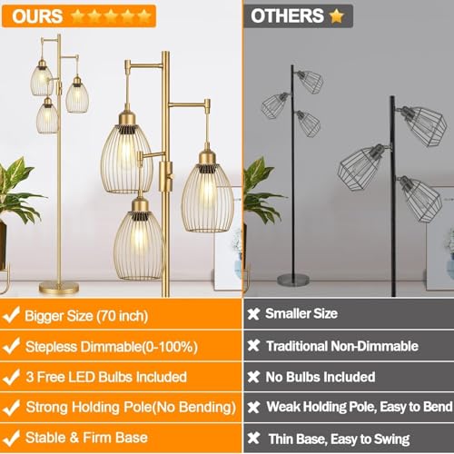 Dimmable Floor Lamp, Industrial Floor Lamps for Living Room, Gold Tree Lamp Standing Lamp Tall Lamps with 3 Elegant Teardr...