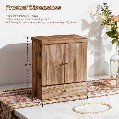 Emfogo Wooden Jewelry Box for Women, 6-Tier Large Jewelry Organizer Boxes with Mirror Rustic Solid Wood jewlery Storage Di...