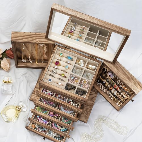 Emfogo Wooden Jewelry Box for Women, 6-Tier Large Jewelry Organizer Boxes with Mirror Rustic Solid Wood jewlery Storage Di...