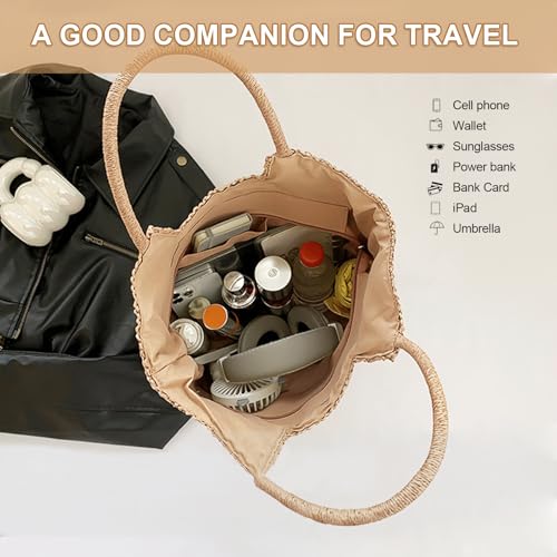 Long Keeper Beach Bags for Women Summer Straw Bag with Zipper Woven Shoulder Handbag Beach Tote Bags for Travel Vacation