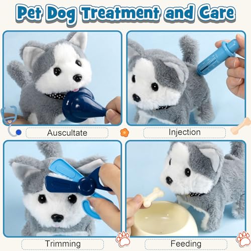 B Bascolor 22Pcs Dog Toys for Kids Vet Doctor Kit,Walking Barking Electronic Interactive Husky Dog Toy,Veterinarian Playse...