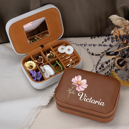 Custom Leather Jewelry Box with Name & Birth Flower Month, Birthday Gifts for Women, Personalized Jewelry Travel Case - Cu...