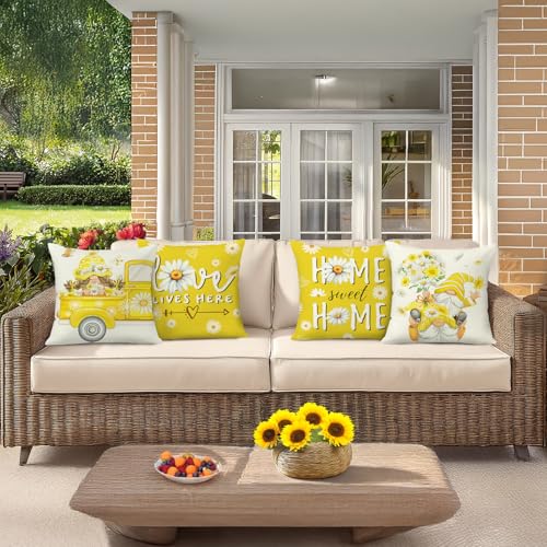 Bonhause Gnomes Daisy Floral Throw Pillow Covers 18x18 Inch Set of 4 Spring Summer Flowers Truck Love Lives Here Yellow Ou...