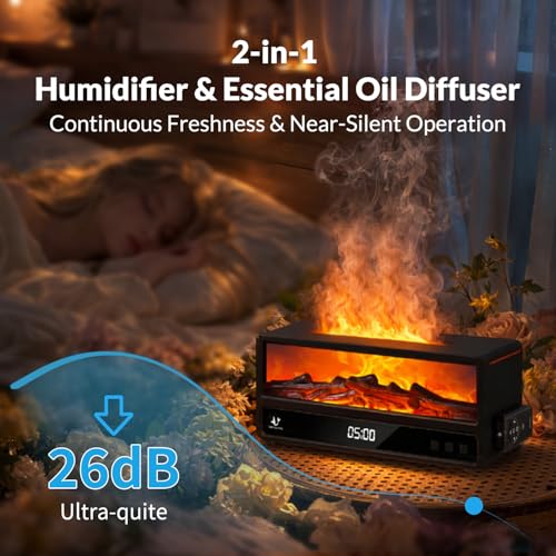 Fireplace Flame Humidifier, 250ml Cool Mist Diffuser with Remote Control, 7-Color LED Night Light, Quiet Aromatherapy Humi...