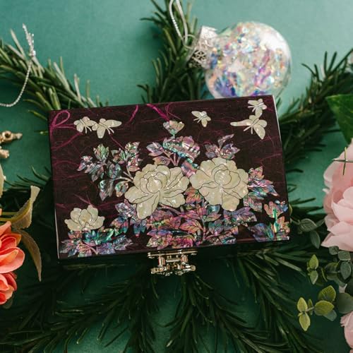 February Mountain Mother-of-Pearl Jewelry Box – Elegant Purple Lacquered Keepsake with Peony & Butterfly Design, Red Velve...