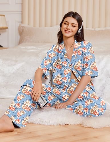 Ekouaer Women Pajamas Set Button Down Sleepwear Short Sleeve Pjs Soft Comfy Nightwear with Long Pants S-XXL