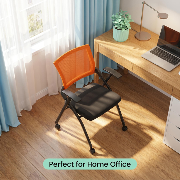 1 Pack Stackable Conference Room Chairs With Wheels,Folding Office Chair With Rebound Back,Padded Seat For Training Room,Guest,Reception,Event,Capacity 350lbs,Orange