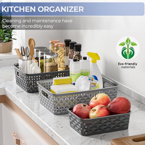 3 Pack Small Plastic Basket, Storage Bin Baskets for Organizing, Pantry Organizer Household Wicker Storage for Laundry Roo...