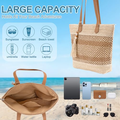 shoowyees Straw Beach Tote Bag Women - 2026 Handwoven Summer Purse Handbag with Zipper Perfect for Vacation Travel Pool | ...