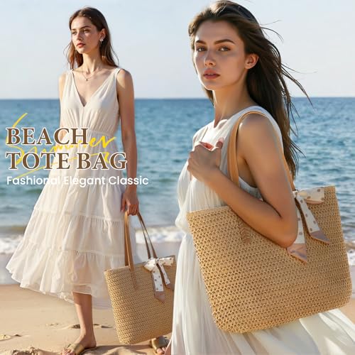 Trifabricy Beach Bags for Women, Large Straw Beach Bag, Beach Tote Bag Shoulder Handbags, Straw Bag Beach Purse for Summer