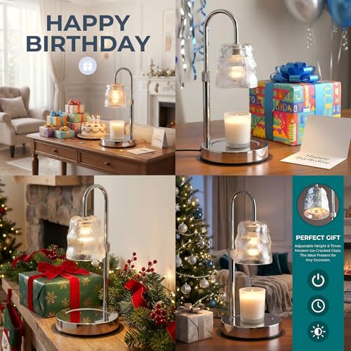 Candle Warmer Lamp with Timer & Dimmable,Candle Lamp Warmer with Ice-cracked Glass Shade,Gifts for Women valentine’s day, ...