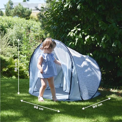 Babymoov Anti-UV Baby & Toddler Beach Tent UPF 50+ Sun Protection with Pop Up System for Easy Use & Transport, Blue Waves...