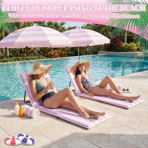Briwooody 2 Set Beach Chairs with Umbrella Portable Beach Lounger Lightweight Foldable Outdoor Lounger Chair for Outdoor T...