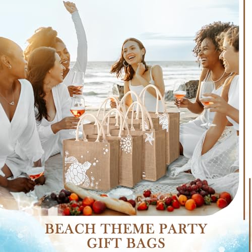 Coume 6 Pack Beach Burlap Tote Bags Bulk Large Beach Jute Tote Bag with Handles 14.2" x 12.6" x 7.5" for DIY Bridesmaid Gi...