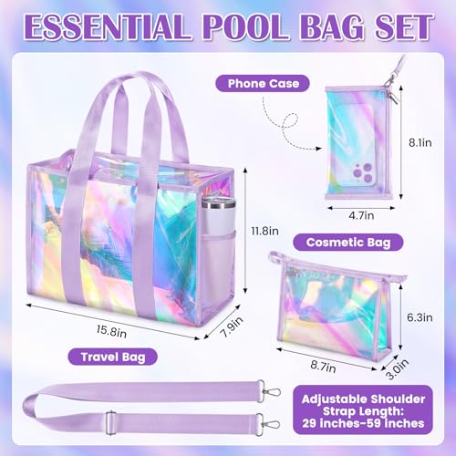 ComfyKit Iridescent Beach Bag for Women,PVC Pool Bag with Cosmetic Pouch&Phone Pouch,Summer Beach Tote for Travel & Vacation