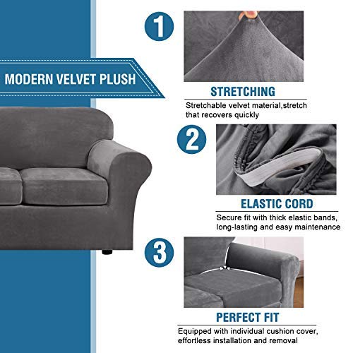 H.VERSAILTEX 4 Pieces Thick Velvet Sofa Covers Couch Covers for 3 Cushion Couch Sofa High Stretch Slipcovers Furniture Pro...