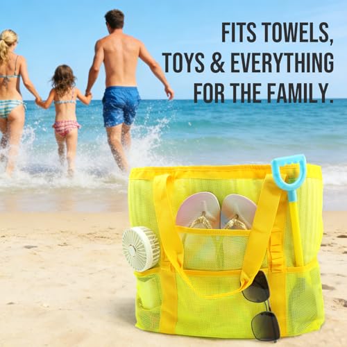 ASBEFORE Large Mesh Beach Tote Bag, 9-Pocket Foldable Summer Vacation Beach Bag for Travel, Pool, Gym, Cruise