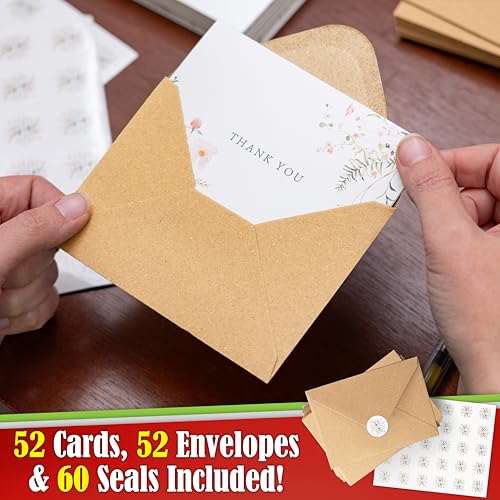 52-pack Floral Thank You Cards Bulk with Kraft Envelopes & Matching Stickers, 3.5x5 Inches, 6 Wildflower Designs | Perfect...