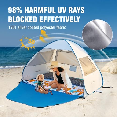 EchoSmile Pop Up Beach Tent for 4 Person Family, UPF 50+ Sun Shelter & Waterproof Beach Shade, Automatic Easy Setup Portab...