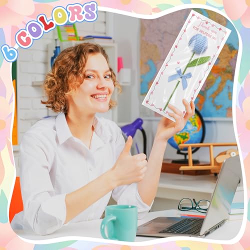 Wavwavw 6 Sets Teacher Appreciation Week Gifts Bulk Positive Handmade Tulip Crochet Flower Thank You for Helping Me Grow F...