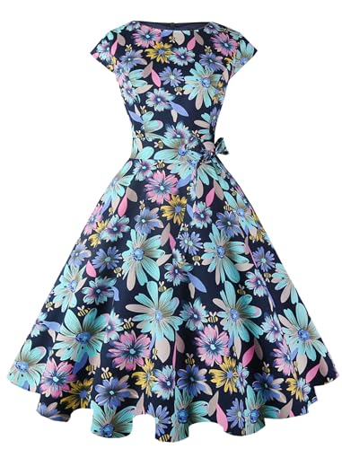 PUKAVT Women's 1950 Boatneck Cap Sleeve Vintage Swing Cocktail Party Dress with Pockets
