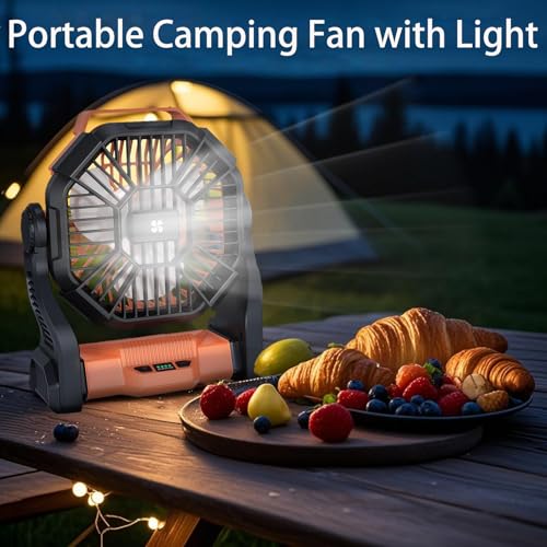 Portable Camping Fan Rechargeable ，Battery Operated Fans with Light 4 Speeds & Hook, USB Rechargeable Outdoor Camping for ...