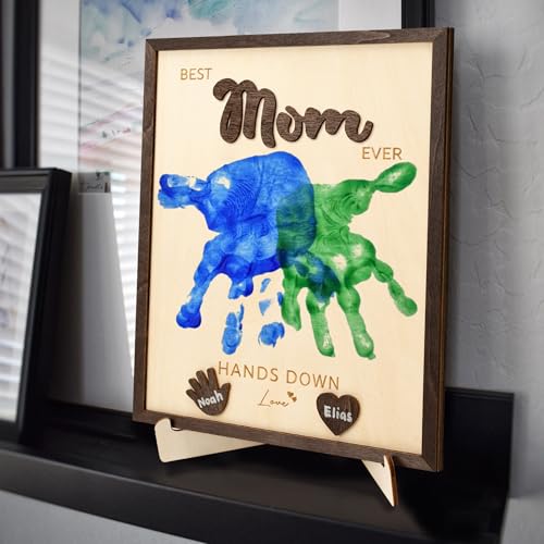 Personalized Best Mom Ever Handprint Gifts, Wooden Keepsake Sign with Kids Handprint Art, Custom Ink Name, DIY Craft Kit f...
