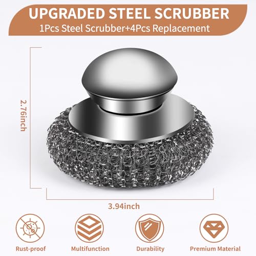 5Pcs Steel Wool Scrubber with Replacement Wire Sponge Pads Set, Stainless Steel Scrubber with Handle for Scouring Stubborn...