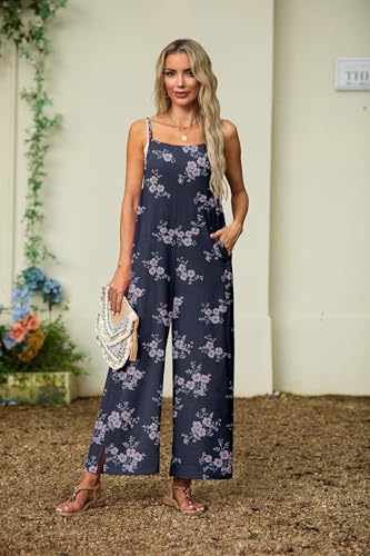Lepunuo Womens Casual Loose Jumpsuits Summer Boho Wide Leg Rompers Sleeveless Overalls with Pockets