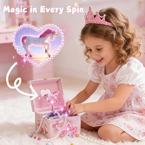 NEWLOOP Unicorn Jewelry Box for Girls – Musical Spinning Rainbow Unicorn Ballerina Design with Heart Mirror, Perfect Jewel...