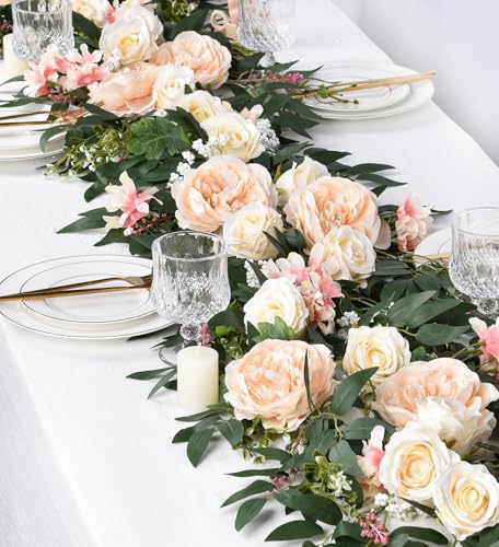 Lvydec 2 Pack Artificial Peony Flower Garland - 6ft Silk Peony Vine Willow Leaves Garland Champagne Arch Flower Vine for W...