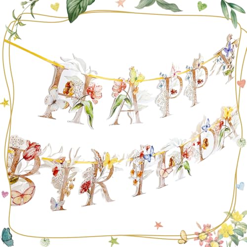Flower Butterfly Happy Birthday Banner, Boho Groovy Floral and Butterflies Bday Sign, Wildflower Garden Party Decorations ...