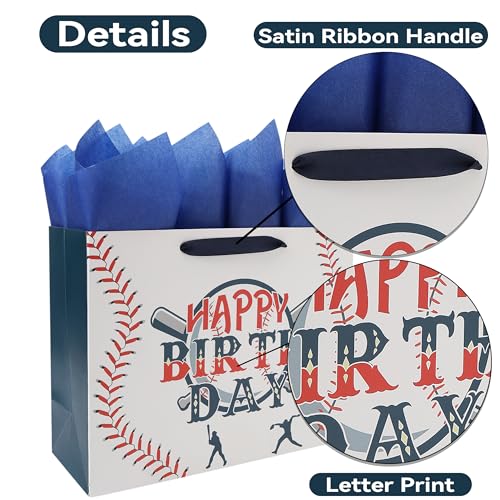wishinside 13” Large Baseball Happy Birthday Gift Bag Set with Handles, Greeting Card, Tissue Papers and Stickers for Boys...